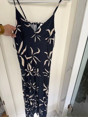Navy & Cream Floral Maxi Slip Dress - Sleeveless V-Neck